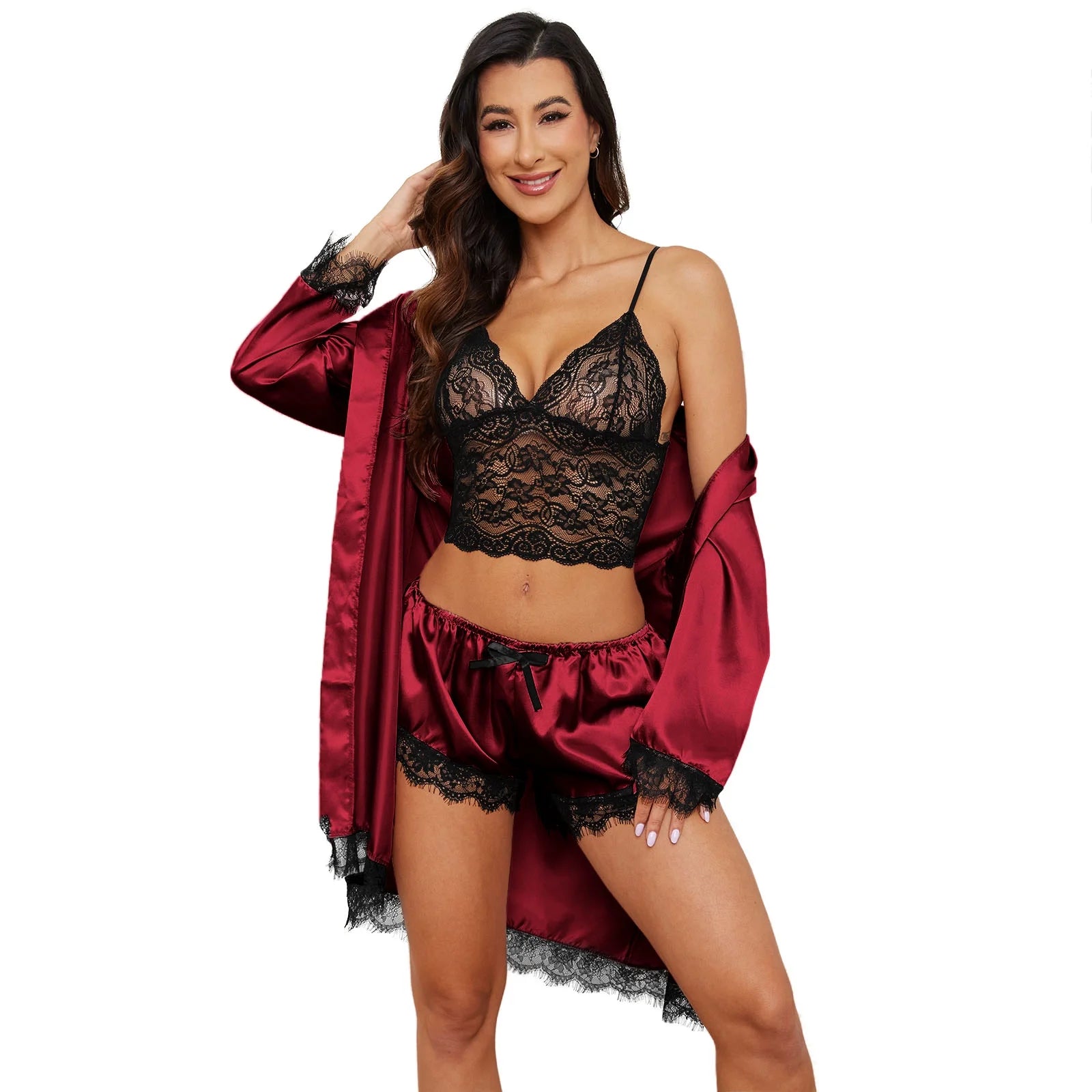 Sexy Lingerie,  Silk Satin Pajamas for Women, Womens Summer Pajamas Pjs Sets of 4 Pcs with Floral Lace Top Shorts and Robe, Gift for Women