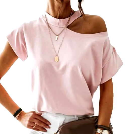 Hot Women Casual T-Shirt Short Sleeve One Shoulder Mock Neck Halter Loose Top Shoulder Mock Neck Halter Loose Tshirts Top