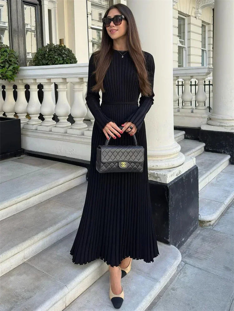 Lace-Up Female Knit Maxi Dress Autumn High Waist Fashion Patchwork Long Sleeve Loose Solid Dress Bandage Knitwear Dress