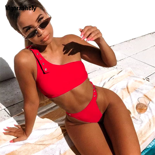 Sexy Red Bikini 2023 High Waist Cut Swimsuit Women Push up Swimwear Summer Beachwear Solid One Shoulder Bikini Bathing Suit